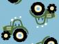 Preview: 60 cm Reststück Baumwoll Jersey Traktor Grün auf Hellblau
